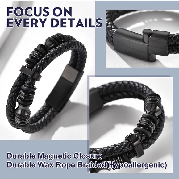 bandmax Double Row Black Braided Leather Wristband Beaded Layer Leather Cord - Picture 2 of 6